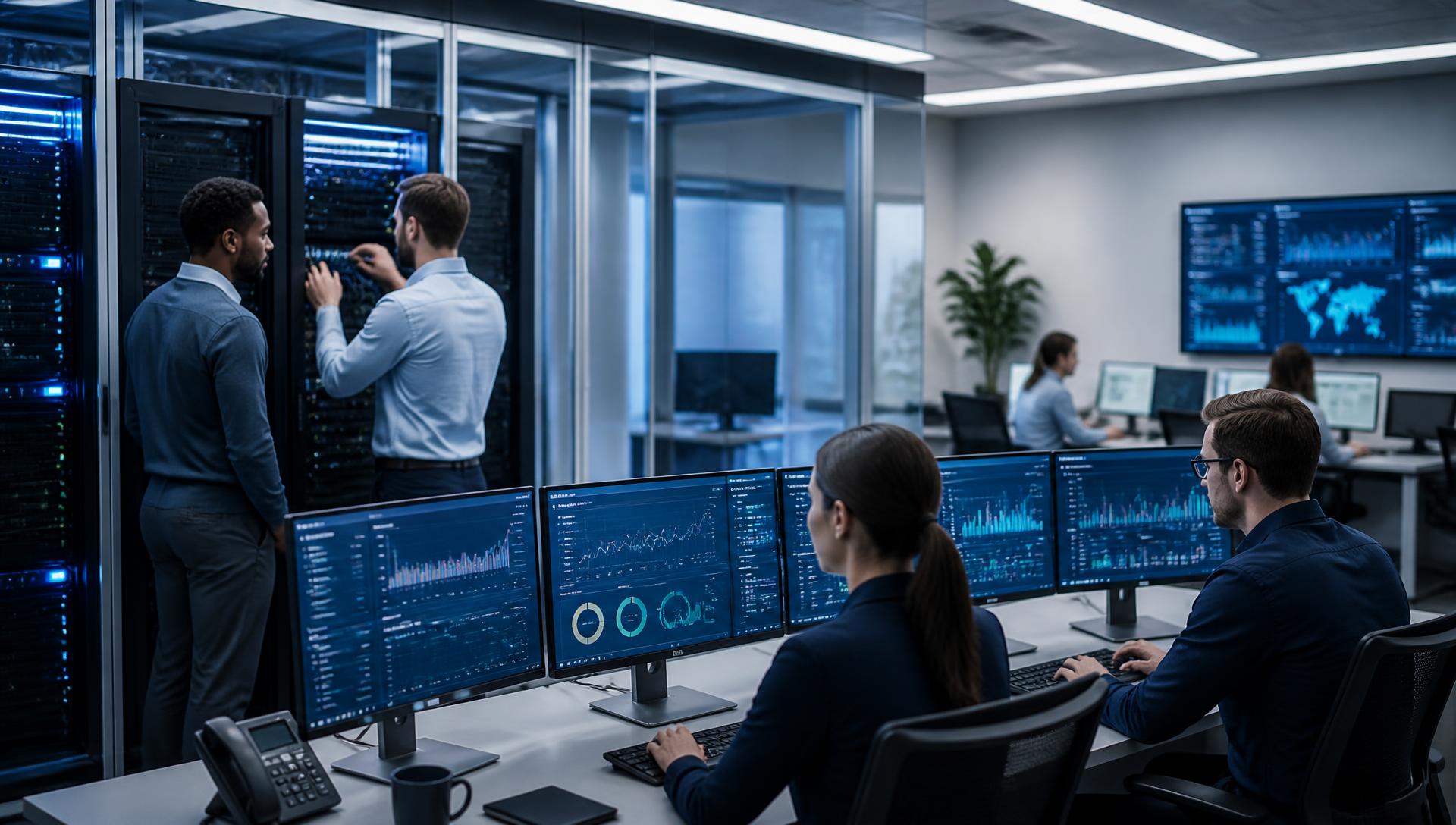Tecnici di un'azienda informatica di Verona al lavoro su server e dashboard di monitoraggio